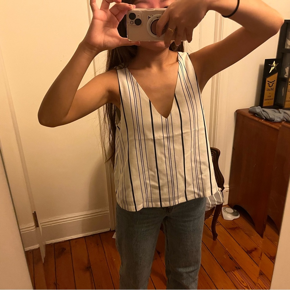 Lucy Paris White and Blue Striped V-Neck Tank Top
